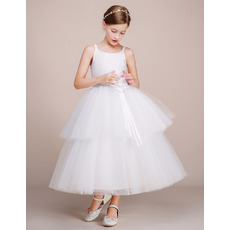 Beautiful Simple Ball Gown Tea Length Two Layered Flower Girl Dresses With Handmade Flowers