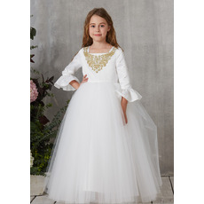Pretty Appliques Beaded Full Length First Communion Dresses with Bell Sleeves