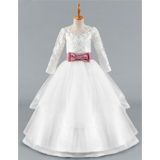 Pretty Ball Gown Long Sleeves Lace Appliques Flower Girl/ Communion Dress with Belt