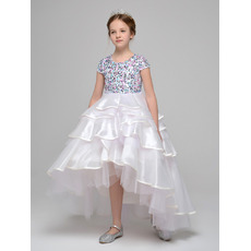 Gorgeous Beaded High-Low Asymmetric Short Sleeves Little Girls Party Dresses with Sequined Bodice