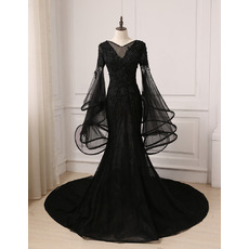 Stunning Modern Appliques Mermaid Court Train Black Tulle Prom Dresses with Trumpet Sleeves
