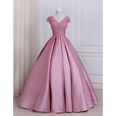 Glamour Beaded Appliques Ball Gown V-Neck Full Length Satin Prom/ Quinceanera Dresses with Cap Sleeves