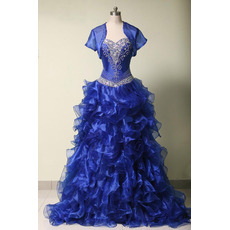 Luxury Beaded Rhinestone Sweetheart Ruffle Tiered Skirt Organza Prom/ Quinceanera Dress with Jacket
