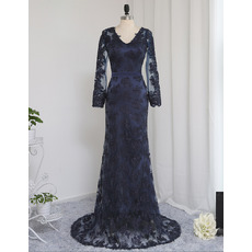 Affordable V-Neck Long Length Lace Prom Dresses with Long Sleeves for Women