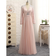 Luxury Crystal V-Neck Full Length Plus Size Prom/ Formal Dresses with Long Sleeves for Women
