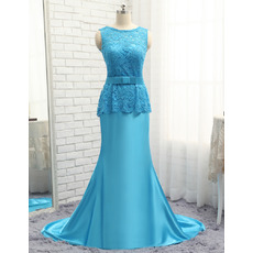 Elegant A-Line V-back Full Length Lace Satin Plus Size Prom/ Formal/ Party Dresses with Peplum