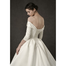 Junoesque Simple Ruched Off-the-shoulder Satin Wedding Dresses with 3/4 Long Sleeves