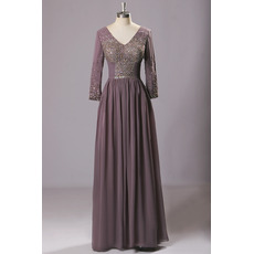 Luxury Beaded Bodice Pleated Chiffon Mother Bride Dress with Long Sleeves