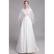 Dramatic Cap Sleeves Long Length Satin Wedding Dresses with Lace Bodice