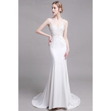Dreamy and Alluring Mermaid Long Length Lace Satin Bridal Dresses with Plunging V-back