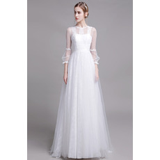 Dramatic Illusion Back Full Length Lace Bridal Dresses with Long Tulle Sleeves