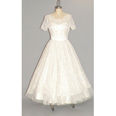 Garden A-Line Square Neck Tea-Length Lace Bridal Dresses with Short Sleeves