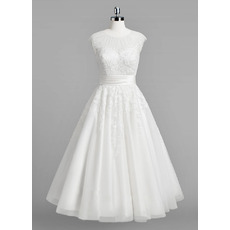 Illusion Neckline Knee Length Tulle Wedding Dresses with Lace Appliques and Shirred Detail