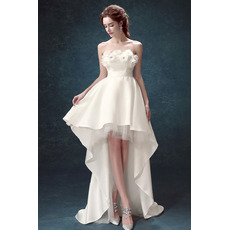 Romantic A-Line High-Low Satin Wedding Dresses with 3D-flowers and Crystal Detailing