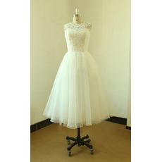 Beautiful Tea Length Organza Skirt Wedding Dresses with Lace Bodice