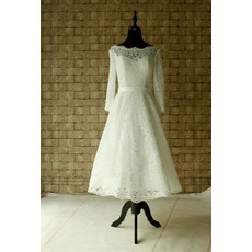 Affordable V-back Knee Length Lace Wedding Dresses with Long Illusion Sleeves