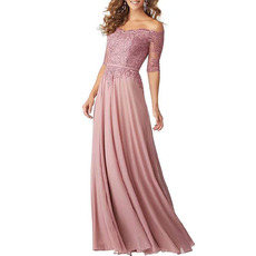 Beautiful Off-the-shoulder Long Length Lace Appliques Bodice Bridesmaid Dresses with Half Sleeveless