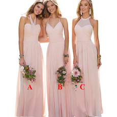 Discount A-Line Halter Full Length Chiffon Pleated Bridesmaid Dresses with Strappy Back