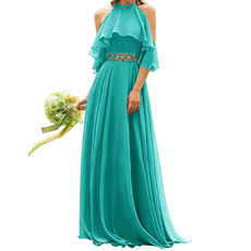 Fashionable A-Line Exposed-Shoulder Full Length Chiffon Bridesmaid Dresses with Rhinestone Waist