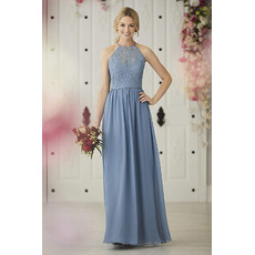 Sexy Fashionable A-Line Halter Long Length Lace Bodice Bridesmaid Dresses with Dramatic Open Back