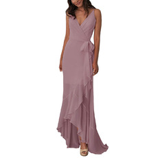 Discount V-Neck Spaghetti Straps High-Low Chiffon Bridesmaid Dresses with Front Cascade