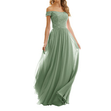 Elegant Off-the-shoulder Pleated Chiffon Bridesmaid Dresses with Lace Bodice