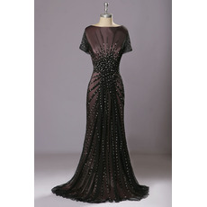 Shimmering All Over Beading Balck Chiffon Evening Dresses with Short Sleeves and V-back