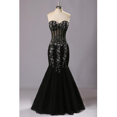 Shimmering Beaded Sweetheart Mermaid Balck Tulle Evening Dresses with Sexy Illusion Waist