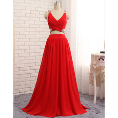 Sexy Two-Piece Pleated Chiffon Evening Dresses with Beaded Bodice and Cross-Back