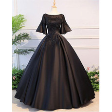 Ball Gown Round/Scoop Neckline Beading Appliques Satin Evening Dresses with Bell Sleeves