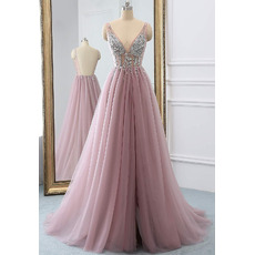 Sophisticated Beading Crystal Deep V-Neckline Tulle Evening Dresses with Split Front