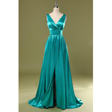Simple Double V-Neck Elastic Silk Like Satin Evening Dresses with Pleated Detail
