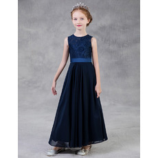 Affordable A-Line Round Neckline Long Chiffon Little Girls Party Dress with Lace Bodice
