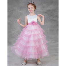 Lovely Tea Length Satin Little Girls Party Dress with Tulle Layered Skirt
