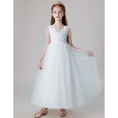 Beautiful Appliques A-Line Ankle Length Tulle Flower Girl Dresses with Short Sleeves