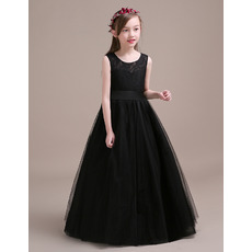 Affordable A-Line Floor Length Tulle Black Little Girls Party Dress with Lace Bodice