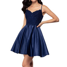 Perfect Spaghetti Straps Short Satin Homecoming Dresses with Beading Appliques Bodice
