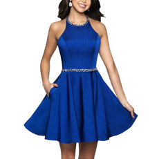 Sexy A-Line Beaded Halter-neck Short Satin Homecoming Dresses with Pockets