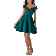 Sexy Surplice V-neckline Off-the-shoulder Short Satin Homecoming Dresses with Beaded Waist