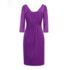 Affordable Ruched Detail V-Neck Short Satin Mother Dresses with Lace Bust and 3/4 Long Sleeves