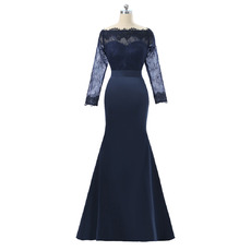 Junoesque Mermaid Lace Bodice Full Length Satin Mother Dress with Long Illusion Sleeves