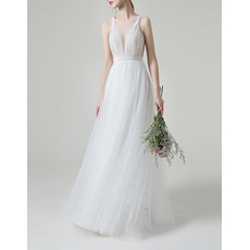 Dramatic V-neckline Tulle Over Lace Wedding Dresses with Illusion Back and Scalloped Detail