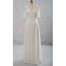 Discount A-Line V-Neck Tull Over Satin Wedding Dresses with Lace Bust and Half Sleeves 