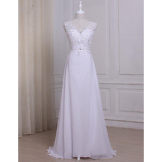 Pretty Beading Appliques White Chiffon Wedding Dresses with Sexy Low Back