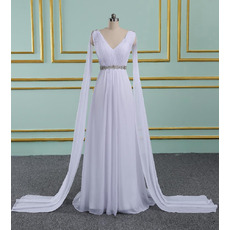 Graceful White Pleated Chiffon Wedding Dresses with Cape Sleeves and Crystal Waist