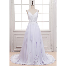 Graceful Beading Appliques Pleated Chiffon Wedding Dresses with Illusion Back and Hanky Hem