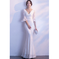 Sexy Beaded Deep V-neck Lace Wedding Dresses with Half Bell Sleeves