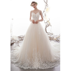 Graceful Beaded Spaghetti Straps Tulle Wedding Dresses with Floral Appliques and Illusion Bodice