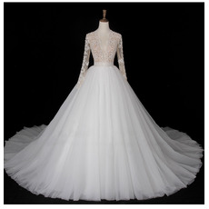 Sophisticated Beading Embellished Bodice Tulle Wedding Dresses with Plunging Sheer Neckline