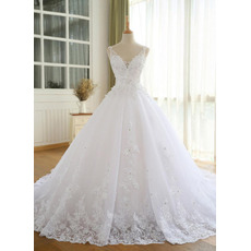 Gorgeous Appliques V-Neck Ball Gown Tulle Wedding Dresses with Crystal Beading Detail